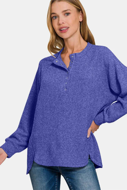 Zenana Full Size Brushed Melange Hacci High - Low Sweater - Hopeford Streams