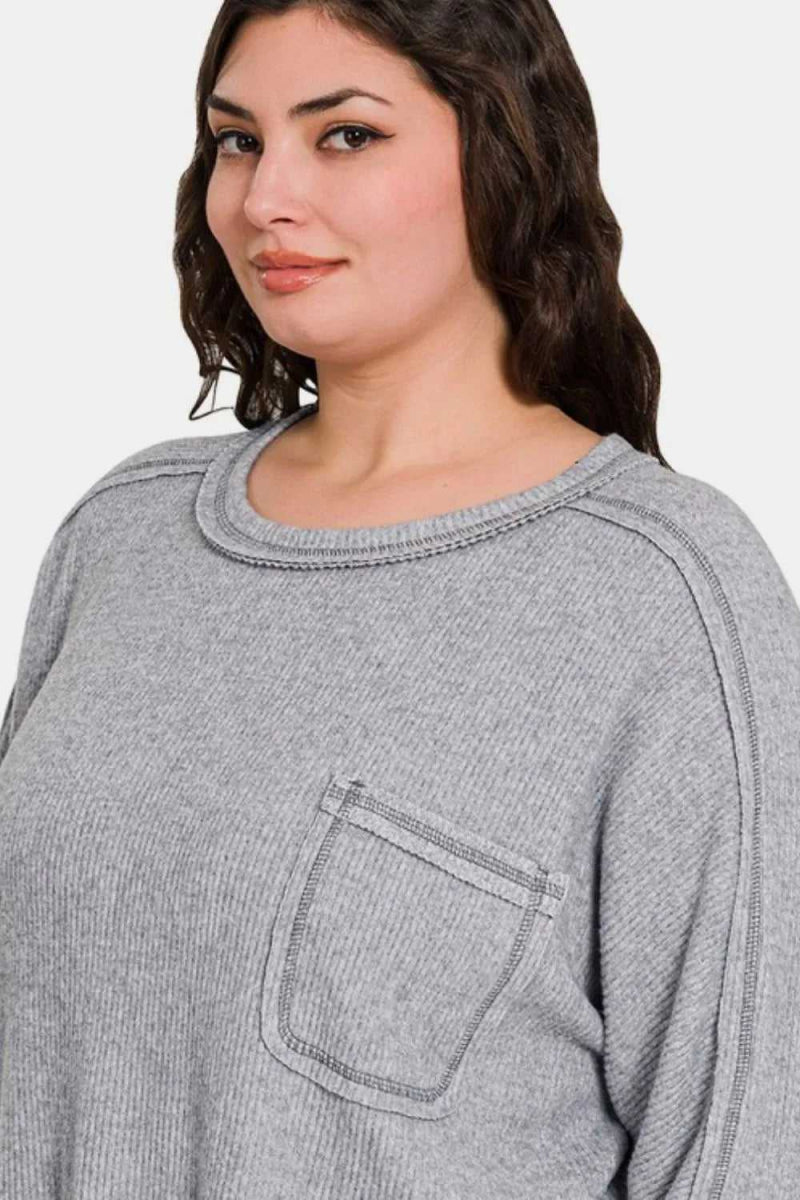 Zenana Full Size Contrast Stitching Brushed Ribbed Hacci Knit Top - Hopeford Streams