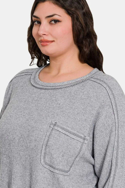 Zenana Full Size Contrast Stitching Brushed Ribbed Hacci Knit Top - Hopeford Streams