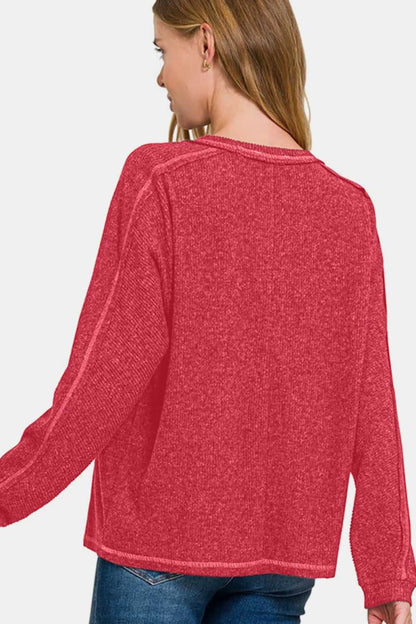 Zenana Full Size Contrast Stitching Brushed Ribbed Hacci Knit Top - Hopeford Streams