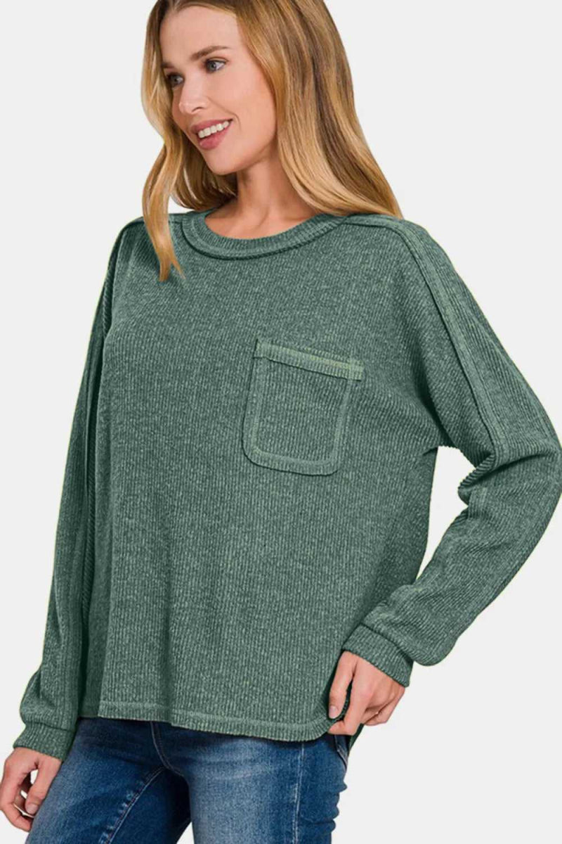 Zenana Full Size Contrast Stitching Brushed Ribbed Hacci Knit Top - Hopeford Streams