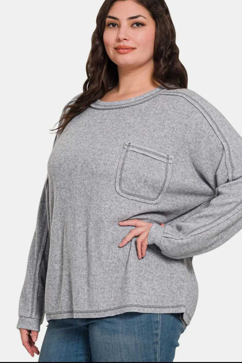 Zenana Full Size Contrast Stitching Brushed Ribbed Hacci Knit Top - Hopeford Streams