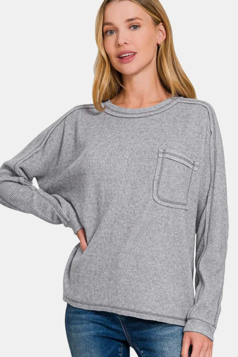 Zenana Full Size Contrast Stitching Brushed Ribbed Hacci Knit Top - Hopeford Streams