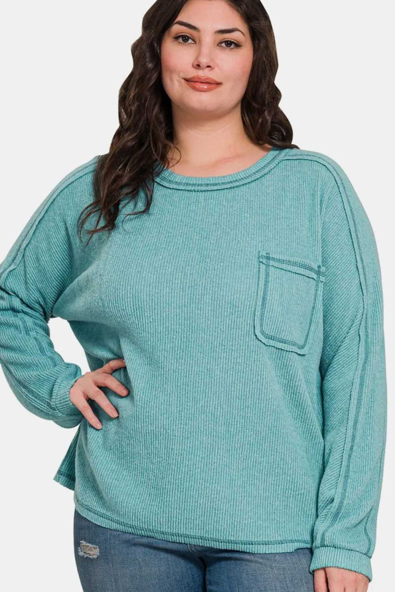 Zenana Full Size Contrast Stitching Brushed Ribbed Hacci Knit Top Plu Size - Hopeford Streams