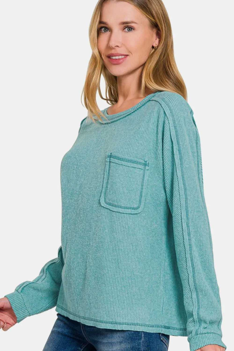 Zenana Full Size Contrast Stitching Brushed Ribbed Hacci Knit Top Plu Size - Hopeford Streams