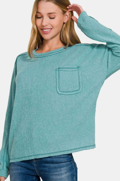 Zenana Full Size Contrast Stitching Brushed Ribbed Hacci Knit Top Plu Size - Hopeford Streams