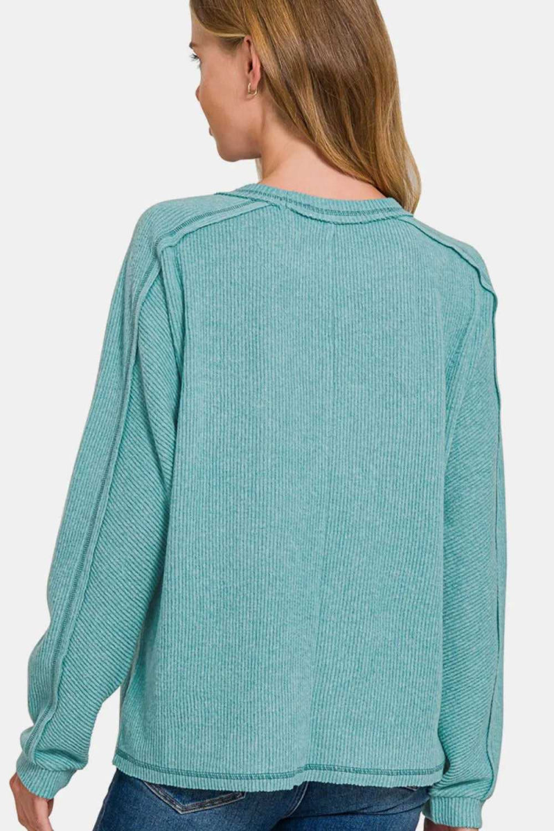 Zenana Full Size Contrast Stitching Brushed Ribbed Hacci Knit Top Plu Size - Hopeford Streams