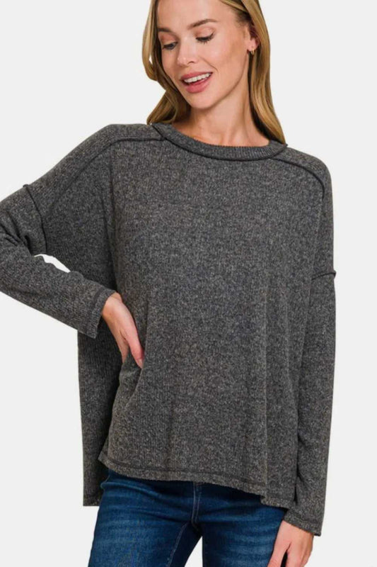 Zenana Full Size Exposed Seam Brushed Round Neck Sweater - Hopeford Streams