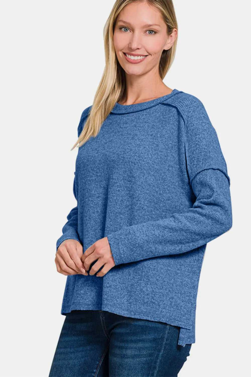 Zenana Full Size Exposed Seam Brushed Round Neck Sweater - Hopeford Streams