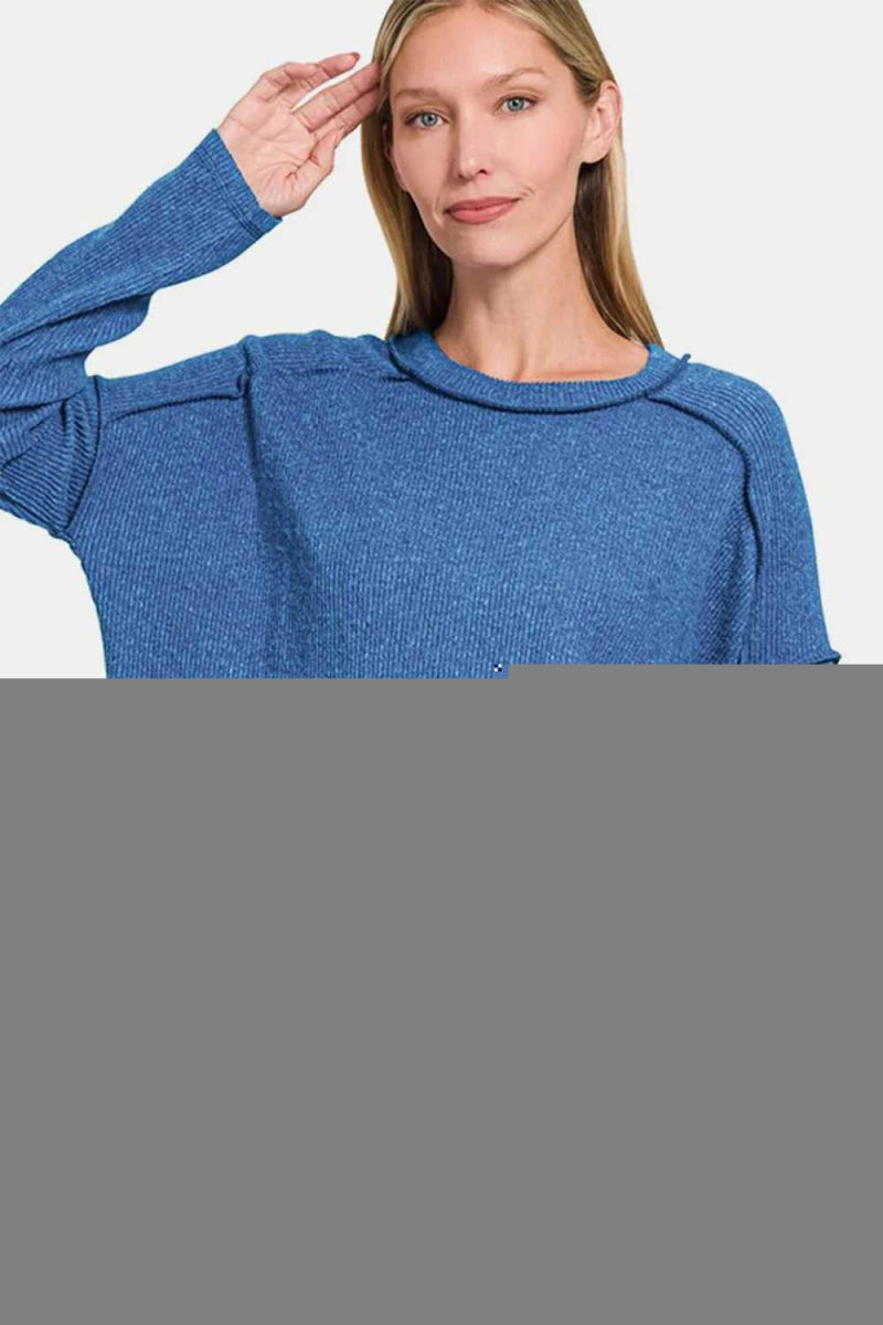 Zenana Full Size Exposed Seam Brushed Round Neck Sweater - Hopeford Streams