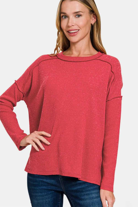 Zenana Full Size Exposed Seam Brushed Round Neck Sweater - Hopeford Streams
