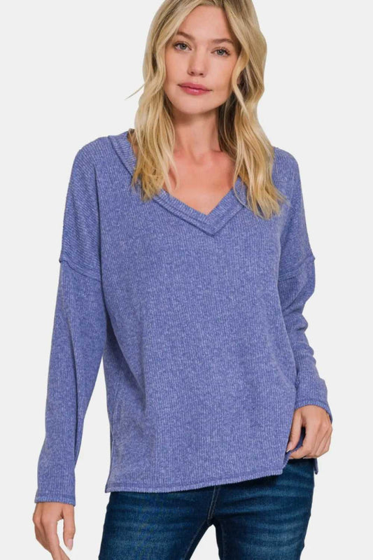 Zenana Full Size Ribbed V - Neck Drop Shoulder Top - Hopeford Streams