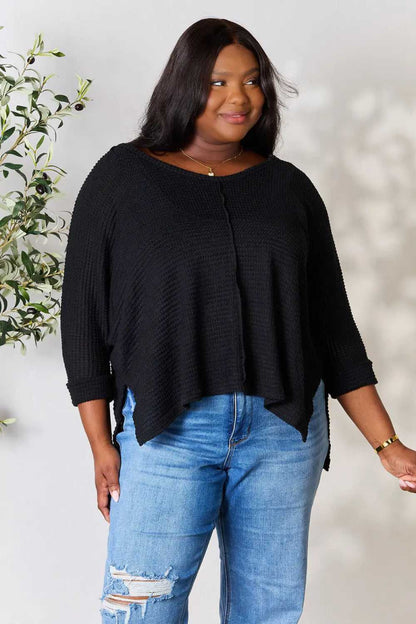 Zenana Full Size Round Neck High - Low Slit Knit Top - Hopeford Streams