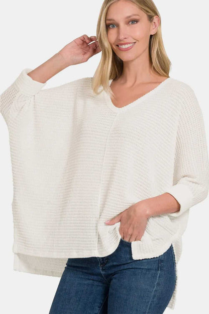 Zenana Full Size Round Neck High - Low Slit Knit Top - Hopeford Streams