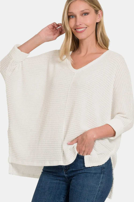 Zenana Full Size Round Neck High - Low Slit Knit Top - Hopeford Streams