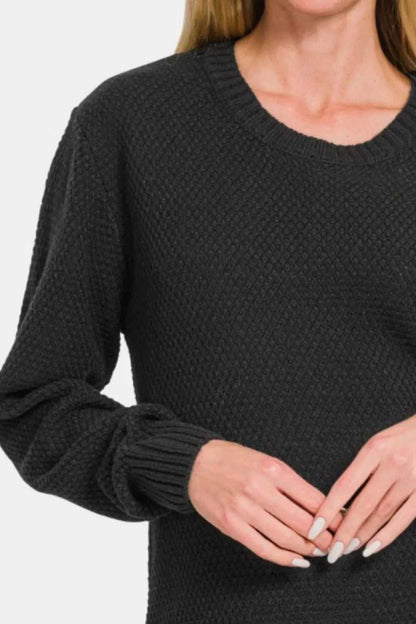 Zenana Full Size Round Neck Long Sleeve Curved Hem Sweater - Hopeford Streams