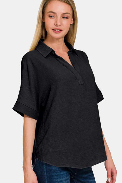Zenana Full Size Texture Collared Neck Short Sleeve Top - Hopeford Streams
