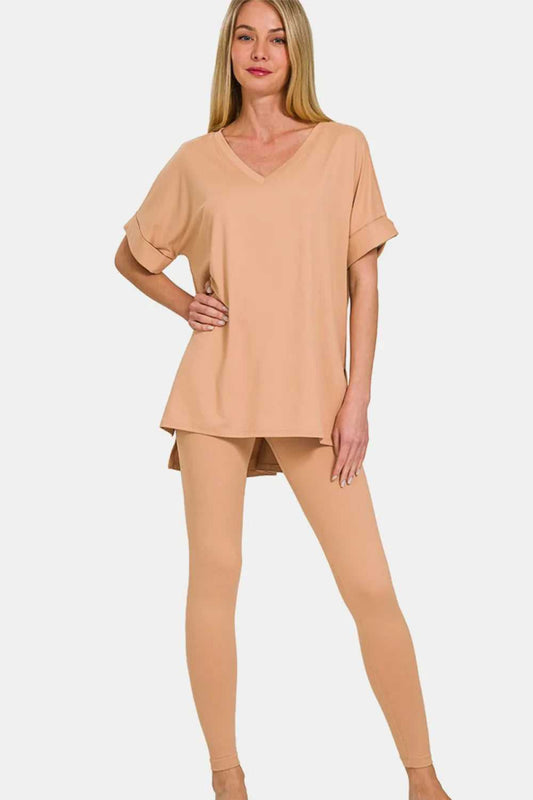Zenana Full Size V - Neck Rolled Short Sleeve T-Shirt and Leggings Lounge Set - Hopeford Streams