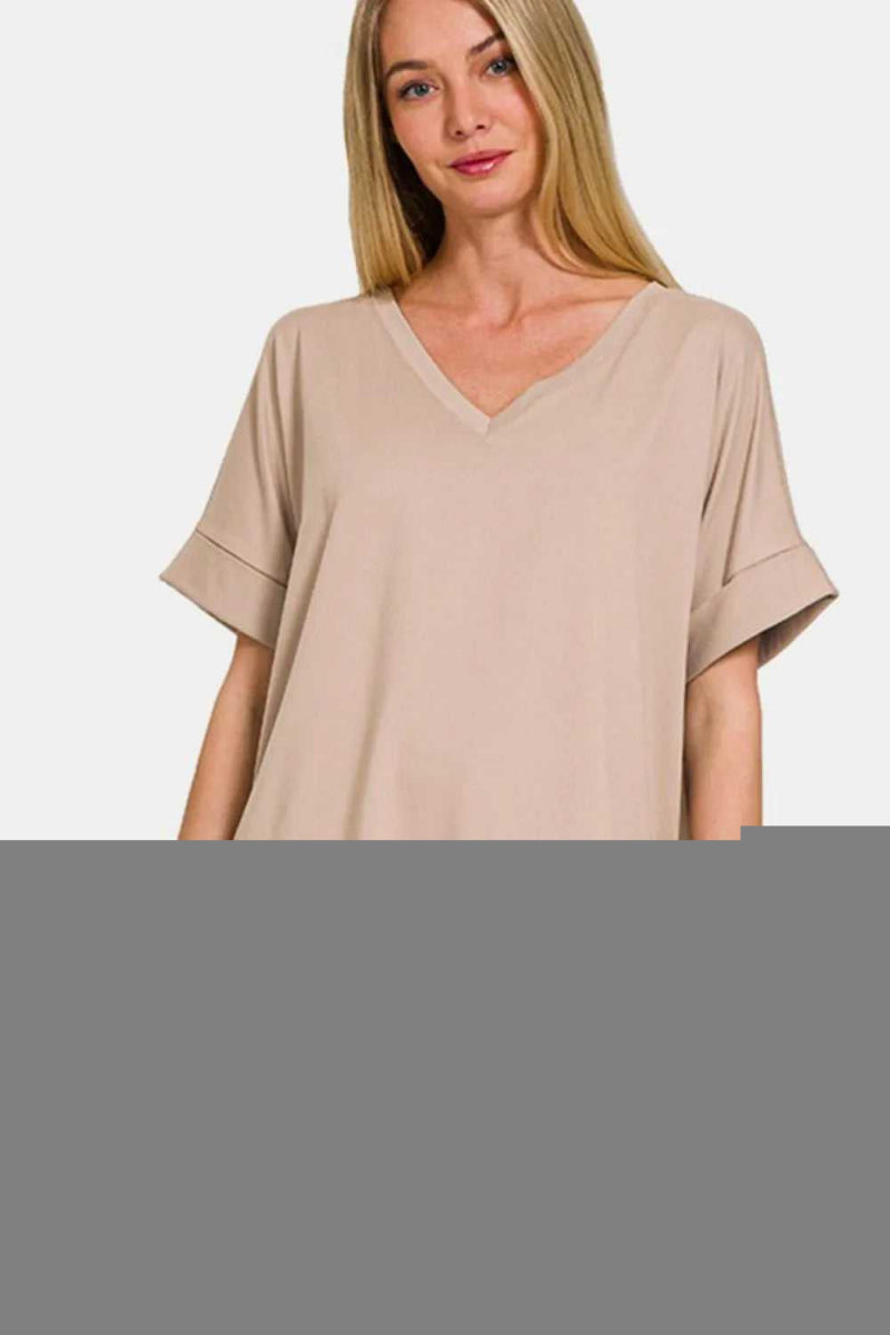 Zenana Full Size V - Neck Rolled Short Sleeve T-Shirt and Leggings Lounge Set - Hopeford Streams