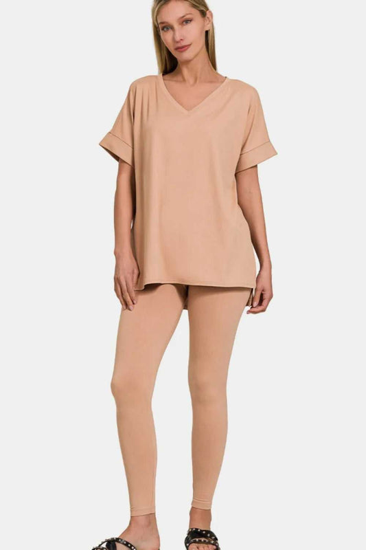 Zenana Full Size V - Neck Rolled Short Sleeve T-Shirt and Leggings Lounge Set - Hopeford Streams