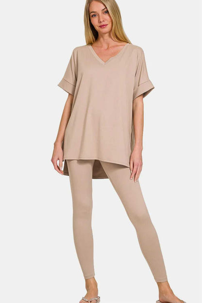 Zenana Full Size V - Neck Rolled Short Sleeve T-Shirt and Leggings Lounge Set - Hopeford Streams