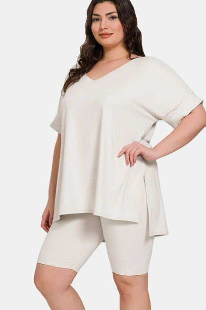 Zenana Full Size V - Neck Short Sleeve Slit T-Shirt and Shorts Set - Hopeford Streams