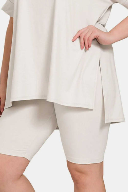Zenana Full Size V - Neck Short Sleeve Slit T-Shirt and Shorts Set - Hopeford Streams