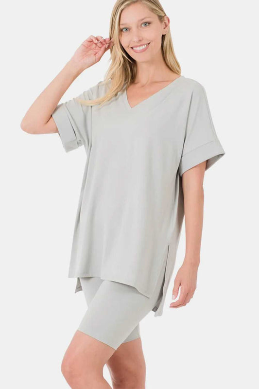 Zenana Full Size V - Neck Short Sleeve Slit T-Shirt and Shorts Set - Hopeford Streams