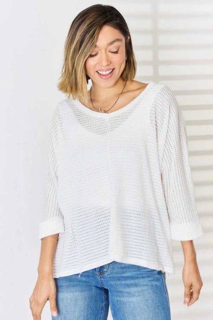 Zenana Full Size Waffle Knit V - Neck Long Sleeve Slit Top - Hopeford Streams
