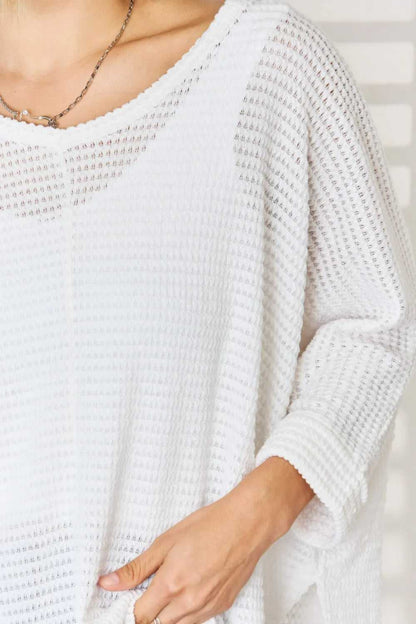 Zenana Full Size Waffle Knit V - Neck Long Sleeve Slit Top - Hopeford Streams