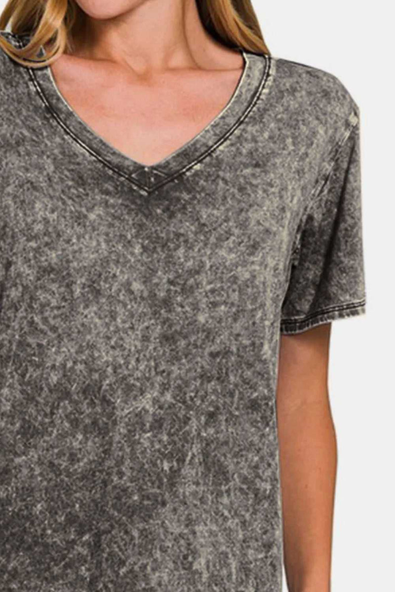 Zenana Full Size Washed Short Sleeve V - Neck T-Shirt - Hopeford Streams