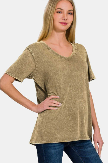 Zenana Full Size Washed Short Sleeve V - Neck T-Shirt - Hopeford Streams