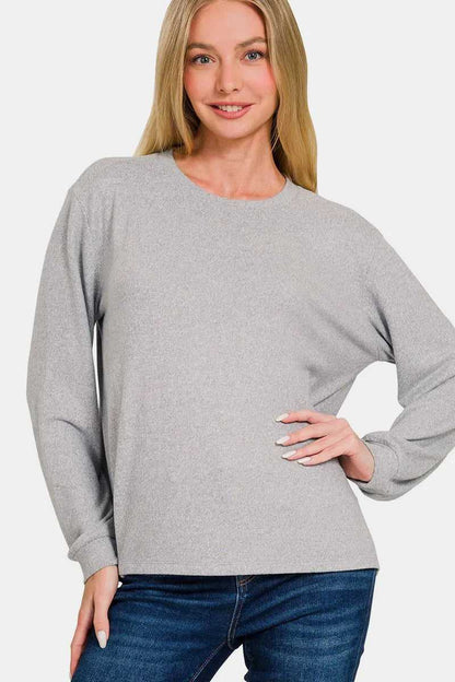 Zenana Hacci Round Neck Long Sleeve T-Shirt - Hopeford Streams