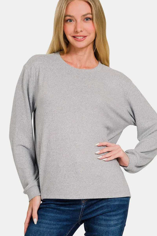 Zenana Hacci Round Neck Long Sleeve T-Shirt - Hopeford Streams