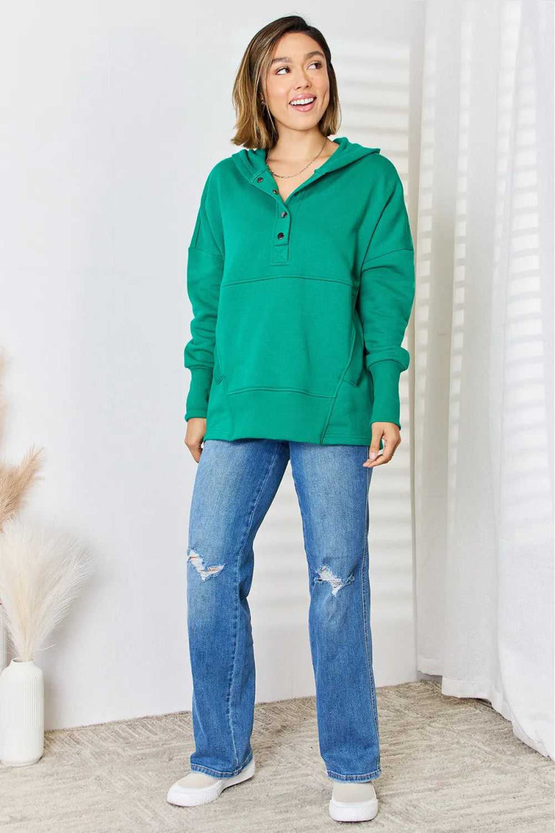 Zenana Half Snap Long Sleeve Hoodie - Hopeford Streams
