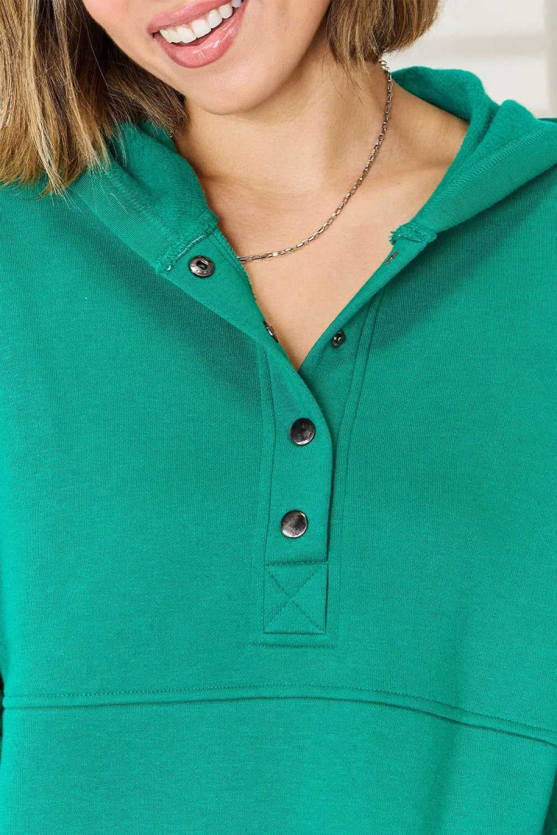 Zenana Half Snap Long Sleeve Hoodie - Hopeford Streams