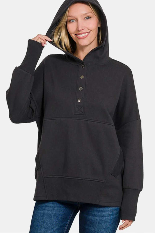 Zenana Half Snap Long Sleeve Hoodie with Kangaroo Pocket - Hopeford Streams