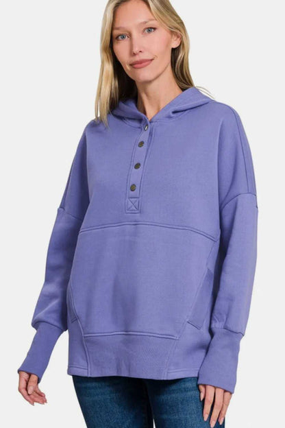 Zenana Half Snap Long Sleeve Hoodie with Kangaroo Pocket - Hopeford Streams