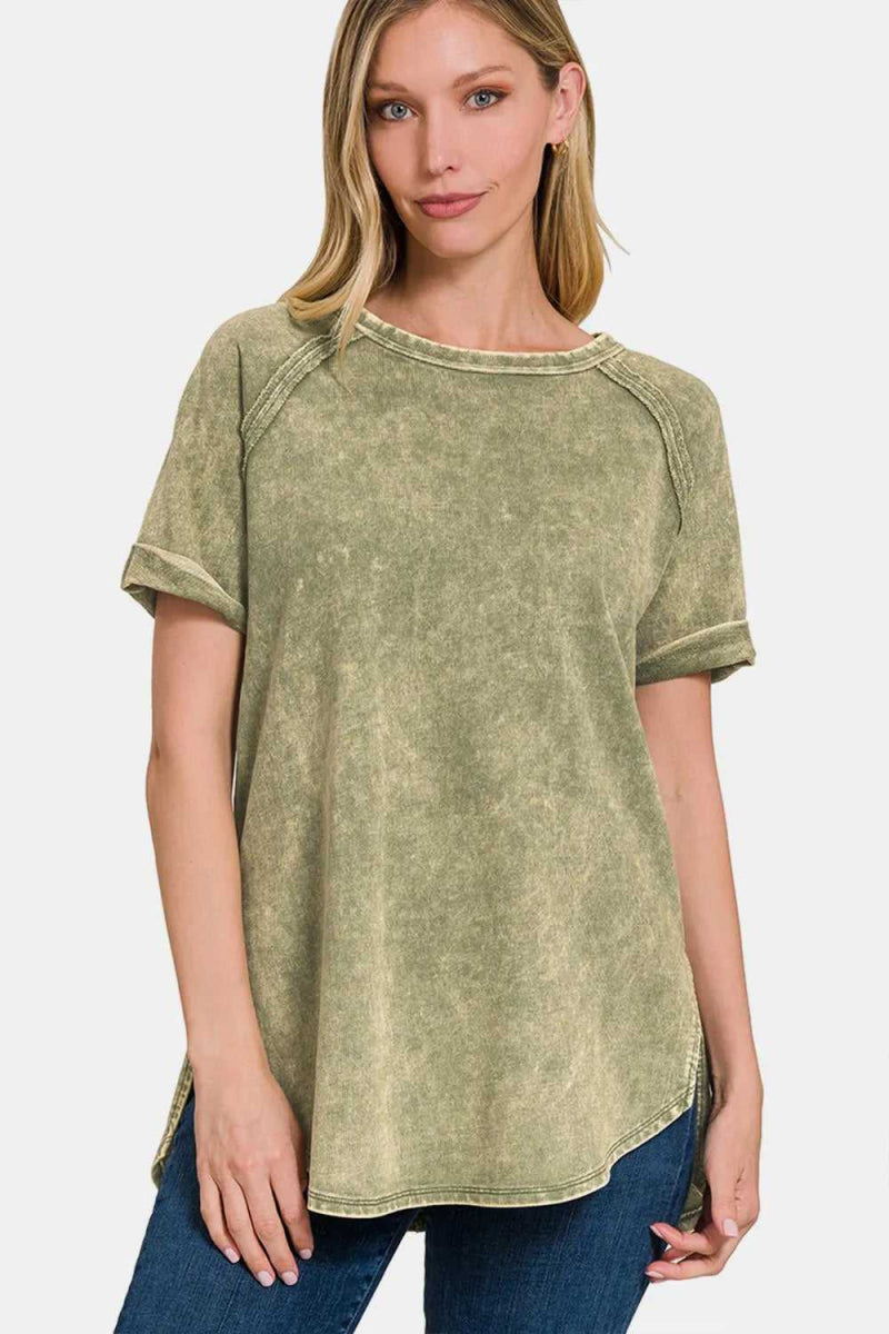 Zenana Heathered Round Neck Short Sleeve Top - Hopeford Streams