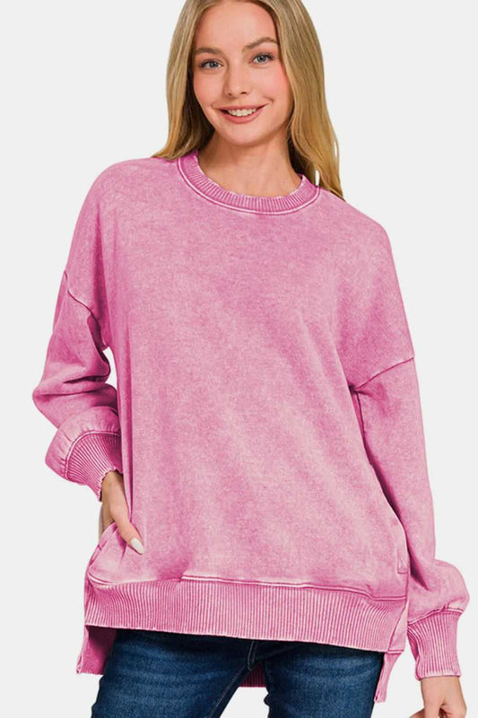 Zenana High - Low Acid Wash Fleece Sweatshirt - Hopeford Streams