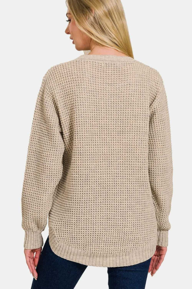 Zenana High Low Long Sleeve Waffle Sweater - Hopeford Streams