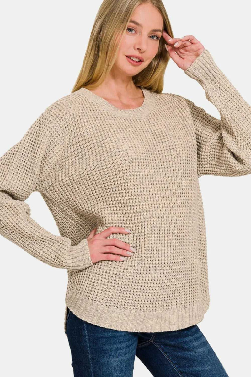 Zenana High Low Long Sleeve Waffle Sweater - Hopeford Streams