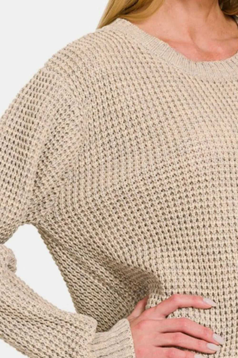 Zenana High Low Long Sleeve Waffle Sweater - Hopeford Streams