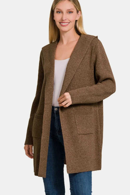 Zenana Hooded Open Front Sweater Cardigan - Hopeford Streams