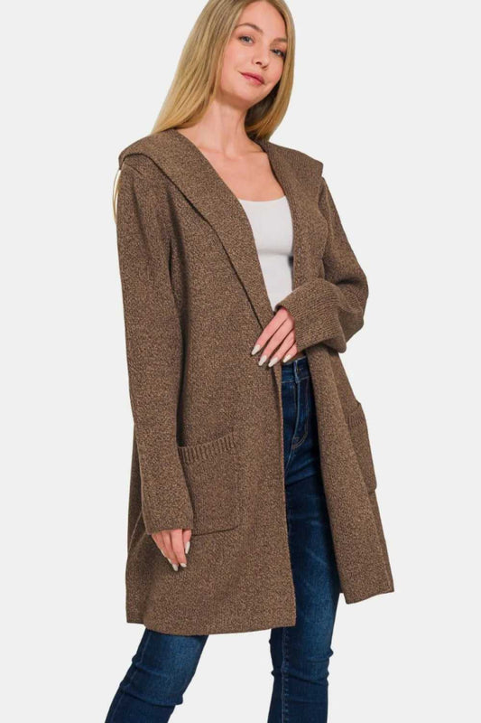 Zenana Hooded Open Front Sweater Cardigan - Hopeford Streams