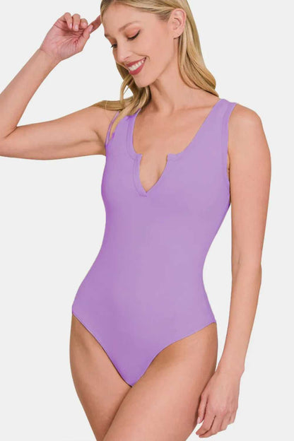 Zenana Microfiber Notched Sleeveless Bodysuit - Hopeford Streams