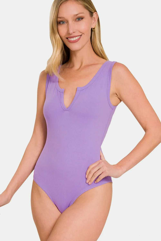 Zenana Microfiber Notched Sleeveless Bodysuit - Hopeford Streams