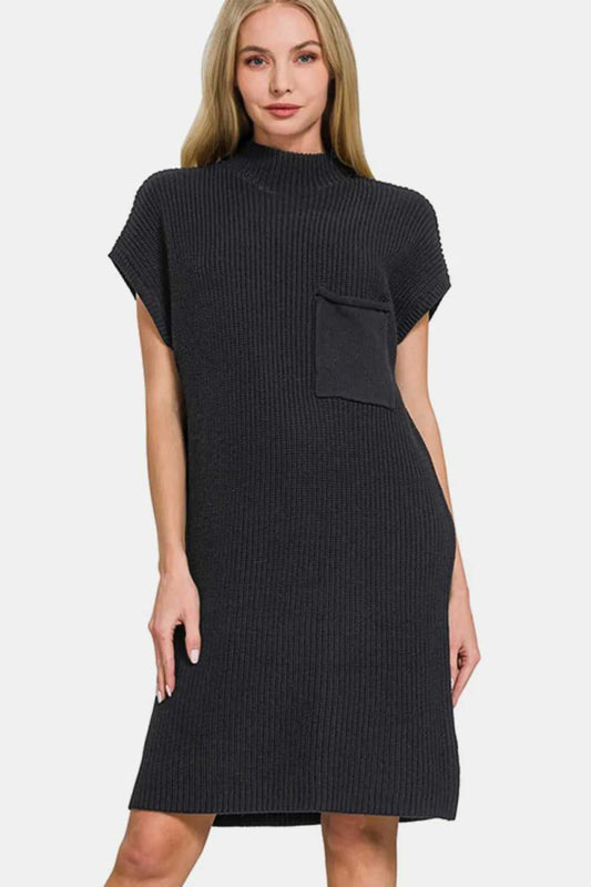Zenana Mock Neck Short Sleeve Sweater Dress - Hopeford Streams