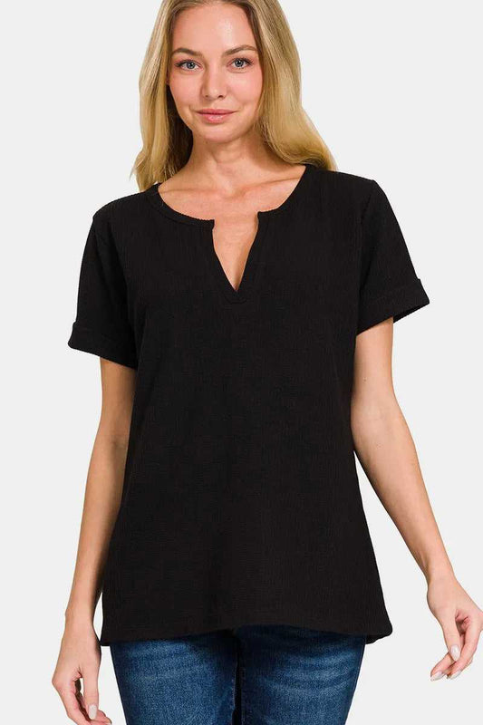 Zenana Notched Short Sleeve Waffle T-Shirt - Hopeford Streams