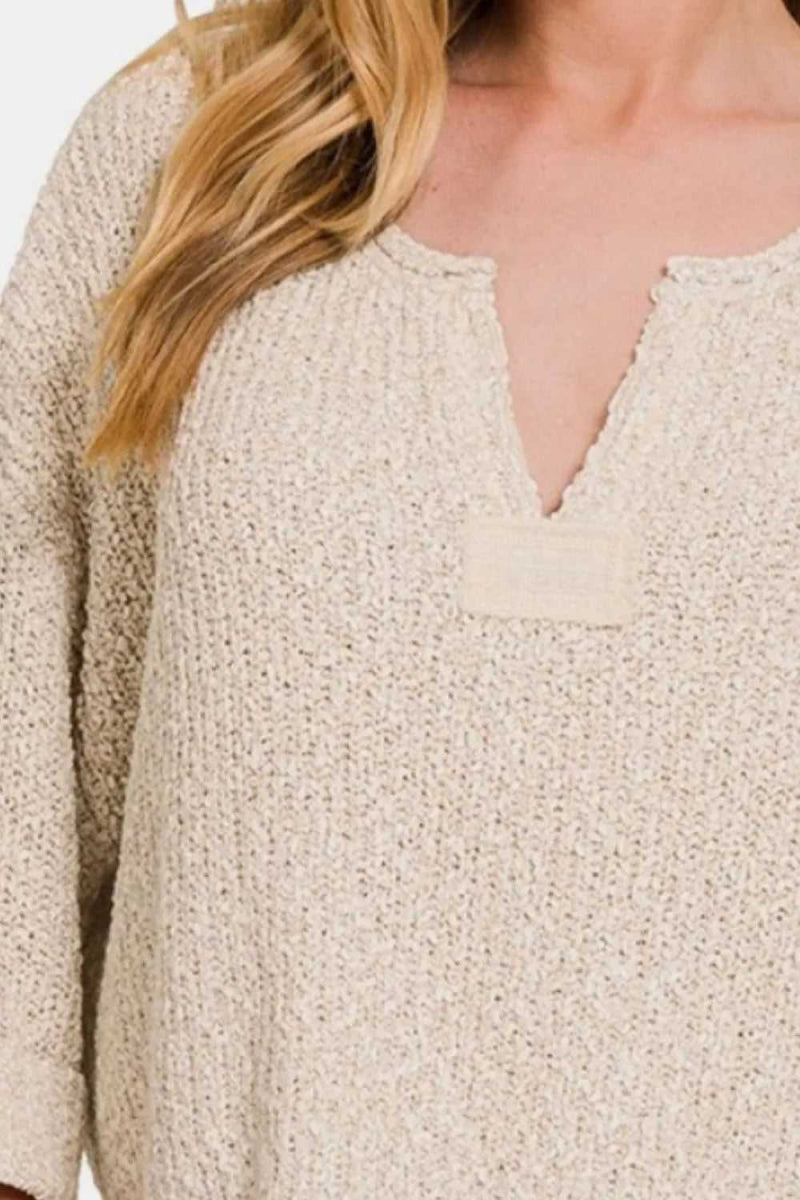 Zenana Notched Side Slit Patch Sweater - Hopeford Streams